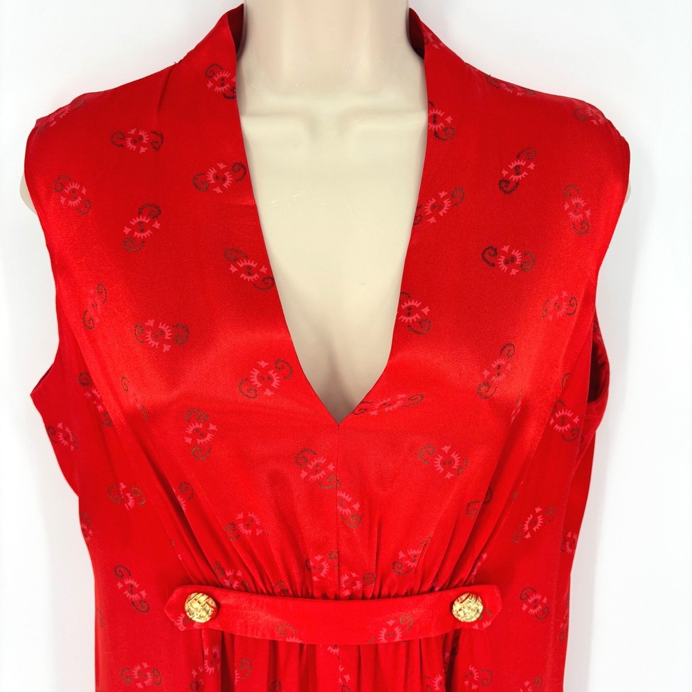 Vintage Medallion Print Empire Waist Red Maxi Dress Gold Buttons Sleeveless Sz L